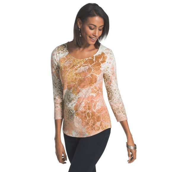 Chico's Tops - Chico's Top 1 Womens Medium Orange Beige 3/4 Sleeve Stretch Cotton Printed Shirt